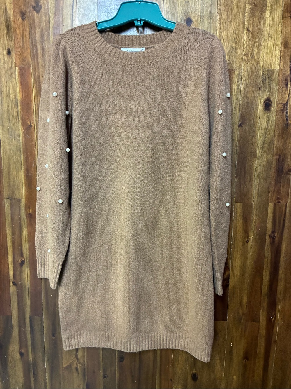 Lush Camel Pearl-Accent Mini Sweater Dress (S)